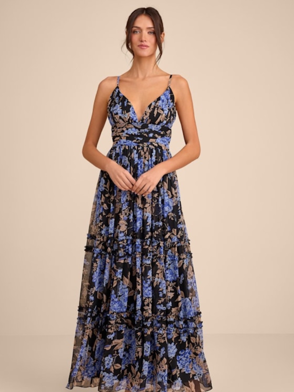 Lulus Niora Black And Blue Floral Pleated Maxi Dress - Size L
